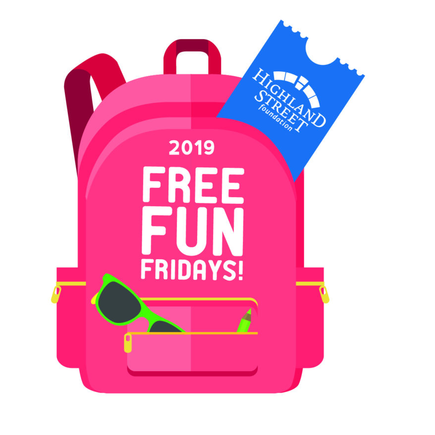 Free Fun Fridays logo: a pink backpack with a blue ticket sticking out of the top and green sunglasses in the front pocket