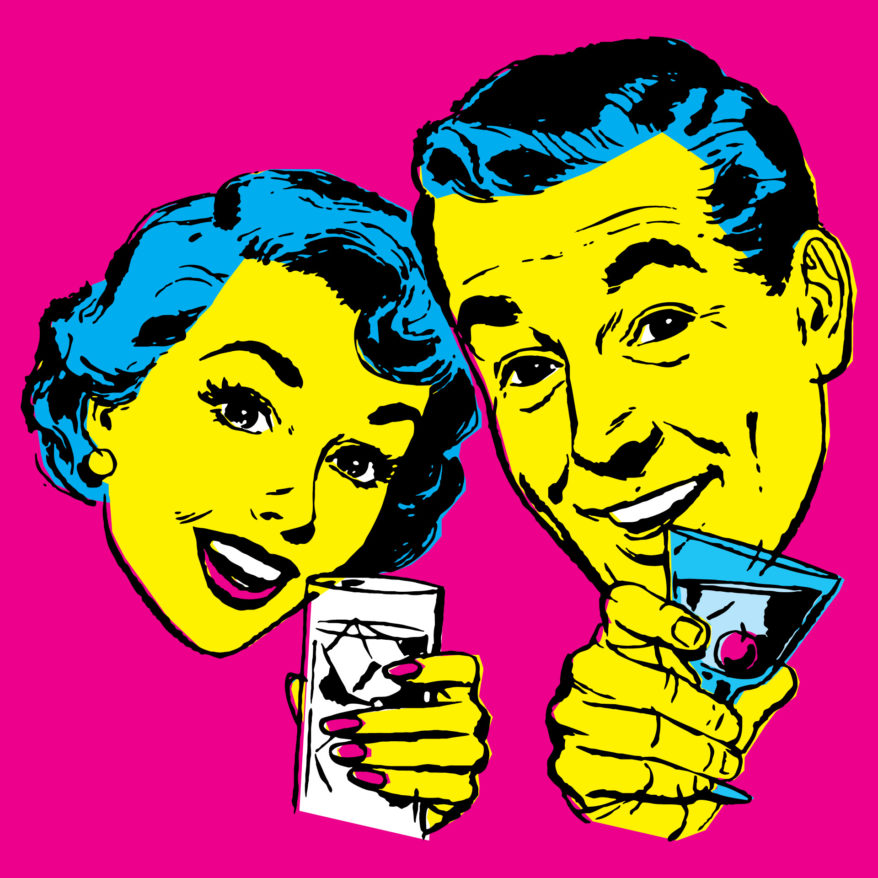 Violent Femmes and X graphic with woman and man holding drinks