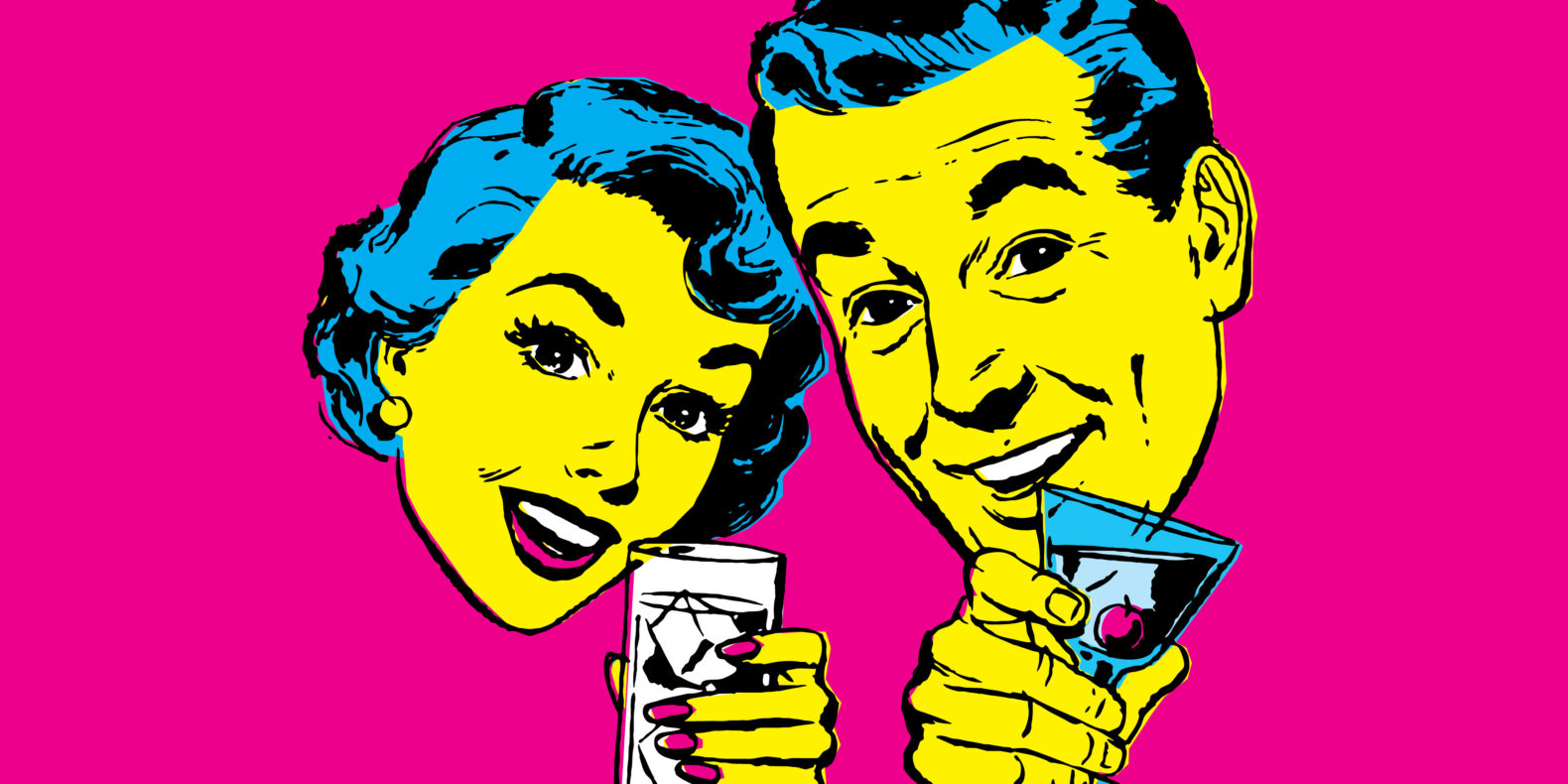 Violent Femmes and X graphic with woman and man holding drinks