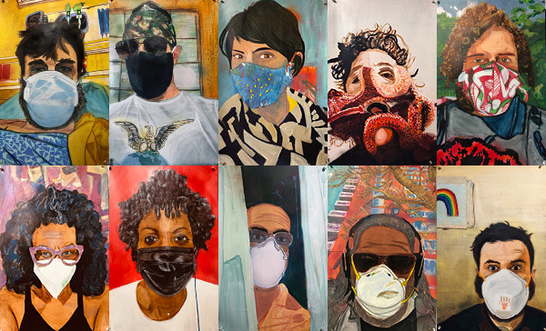 Grid of paintings from Richard Nielsen's series This is Not a Gag, paintings of people wearing masks due to COVID-19
