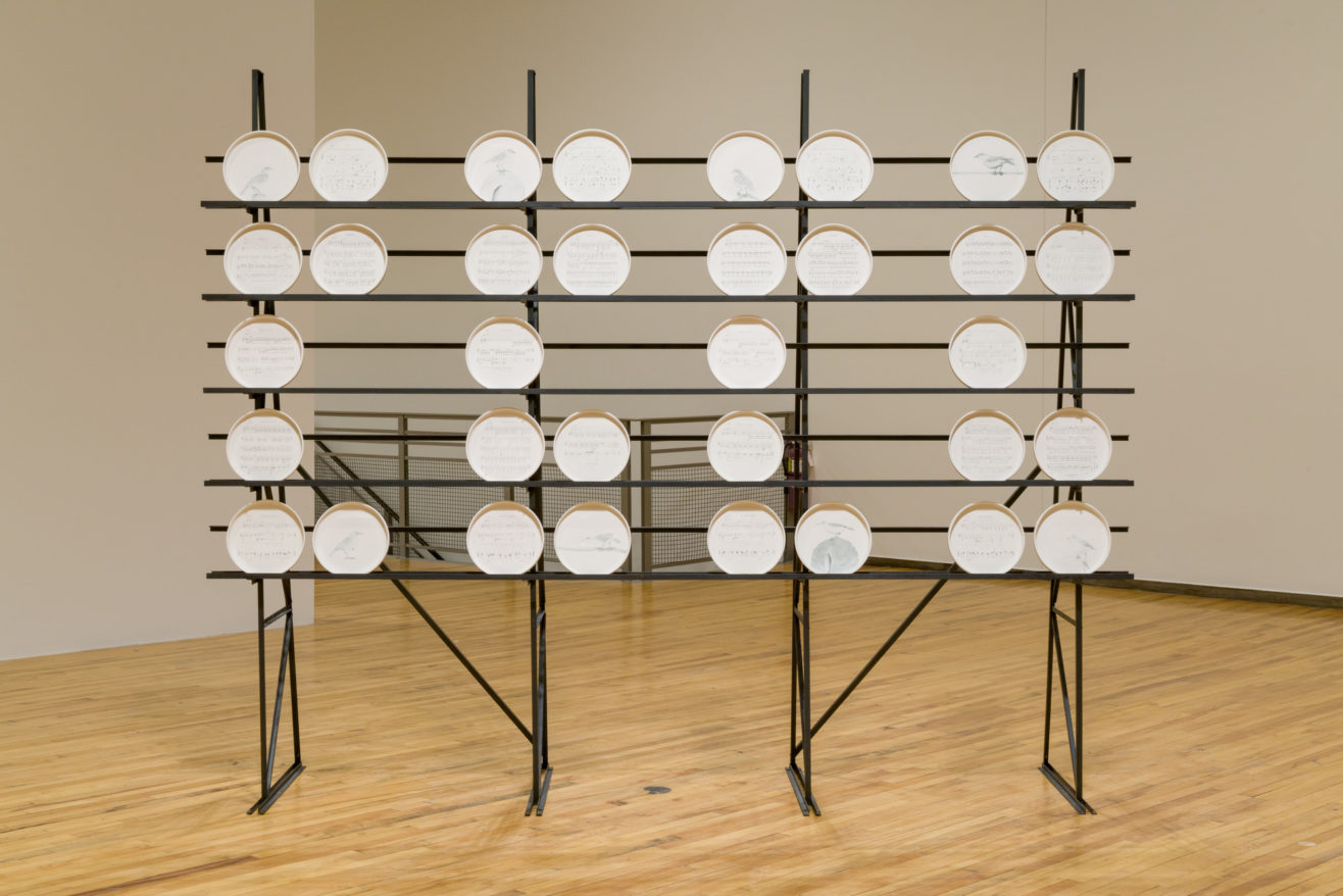 Jimena Sarno, taracatá trabaja, 2018 Sculpture and sound installation. Steel, wheel thrown porcelain plates hand inscribed with underglaze pencil with musical composition by Argentinean musician Axel Krygier and drawings of the hornero bird.