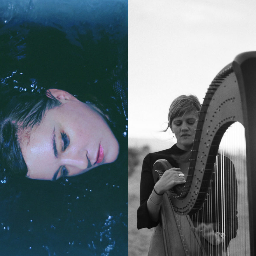 Julianna Barwick & Mary Lattimore feature image, Julianna Barwick's head floating in water and Mary Lattimore with harp in field