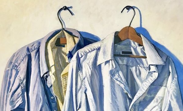 Painting by Eric Forstmann, two collared shirts on wooden hangers