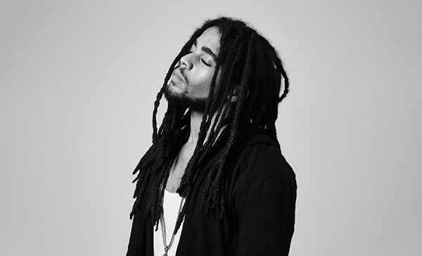 Feature image Skip Marley with Ivy Sole at MASS MoCA, black and white image of Skip Marley with eyes closed