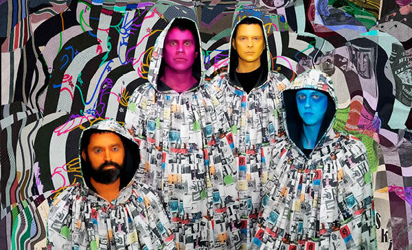 Animal Collective feature image, four band members with brightly painted faces clothed and in front of a back and white patter