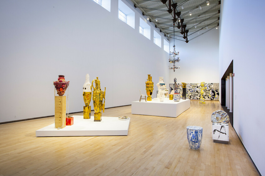 Installation view of Ceramics in the Expanded Field, MASS MoCA, North Adams, October 16, 2021-April 2023 with works by Nicole Cherubini (front) and Francesca DiMattio (back)