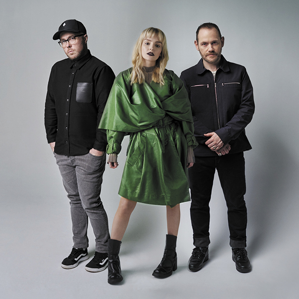 Chvrches at MASS MoCA August 5 feature image, three band members against grey background