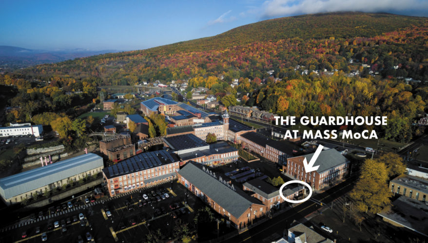 Aerial view of MASS MoCA campus with guardhouse indicated