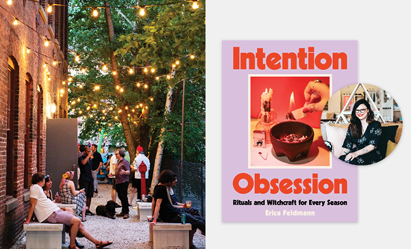 The Chalet beer garden, and Intention Obsession book cover and author photo