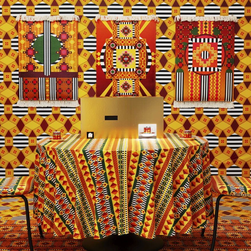 Mashinka Firunts Hakopian with Dahlia Elsayed, Andrew Demirjian, and Danny Snelson ԲԱԺԱԿ ՆԱՅՈՂ (One Who Looks at the Cup), 2024 Installation with AI-generated tasseography readings, digitized Armenian patterns on wallpaper textiles and ceramic, furniture, books Installation view from All Watched Over By Machines of Loving Grace, REDCAT, 2025. Photo by Yubo Dong.