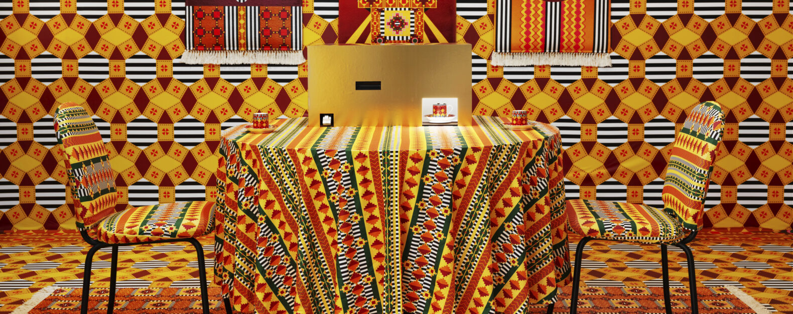 Mashinka Firunts Hakopian with Dahlia Elsayed, Andrew Demirjian, and Danny Snelson ԲԱԺԱԿ ՆԱՅՈՂ (One Who Looks at the Cup), 2024 Installation with AI-generated tasseography readings, Armenian digitized patterns on wall paper and textiles in, furniture, books