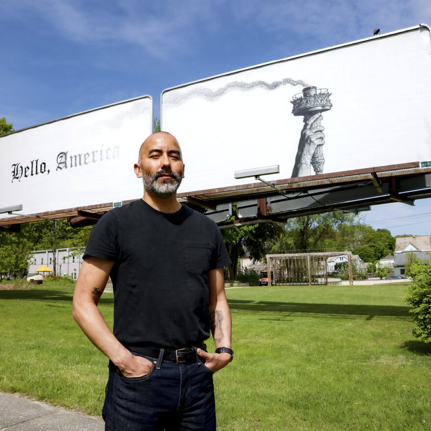 River Street billboard in North Adams, MA. Designed by MASS MoCA and Vincent Valdez for the exhibition Just a Dream... Use only with permission Photo: Ryan Harper